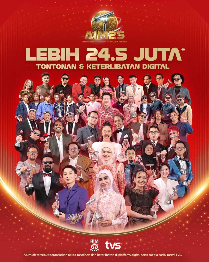 Poster rasmi AIM25 latar merah memaparkan barisan artis pemenang trofi meraikan kejayaan lebih 24.5 juta tontonan di TVS