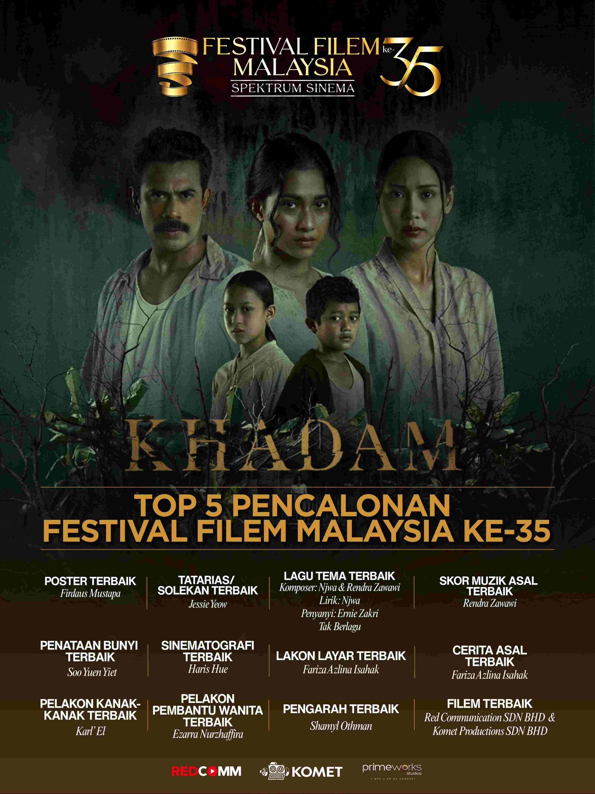 Poster promosi filem Khadam menyenaraikan 12 pencalonan Top 5 Festival Filem Malaysia ke-35 FFM 35