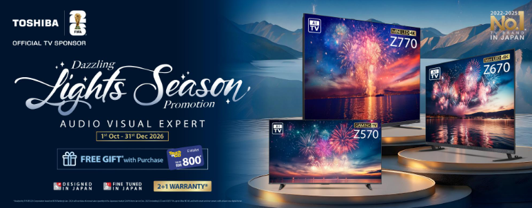 Toshiba TV Malaysia year-end festive campaign banner featuring premium 4K smart TVs and cashback offers
