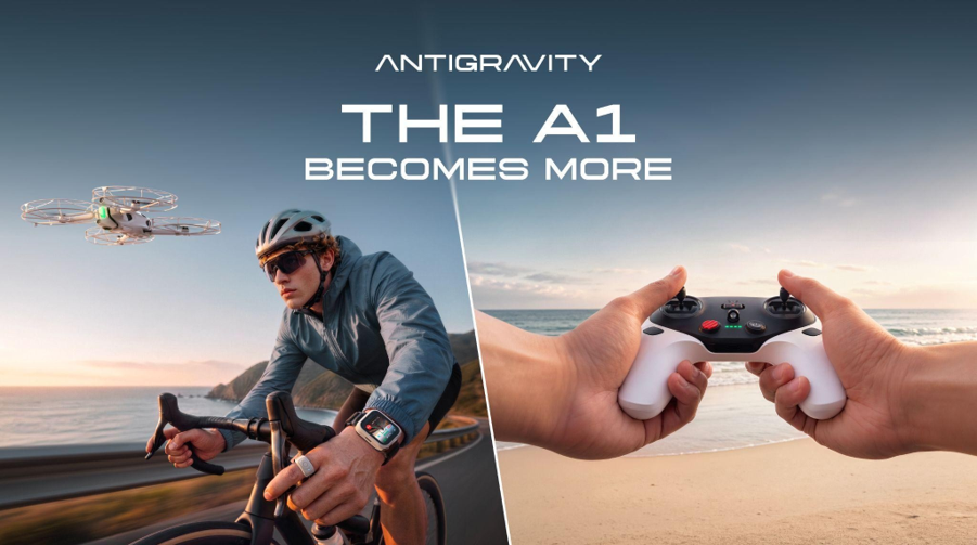 Antigravity A1 drone following a cyclist and a user holding the new traditional Remote Controller