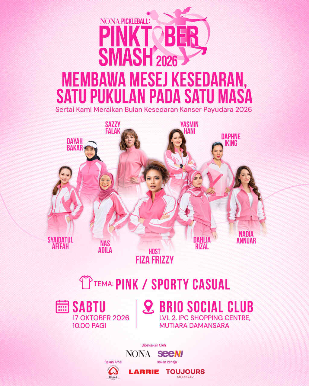 Poster kempen NONA Pickleball Pinktober Smash 2026 yang menampilkan barisan selebriti dan personaliti tempatan