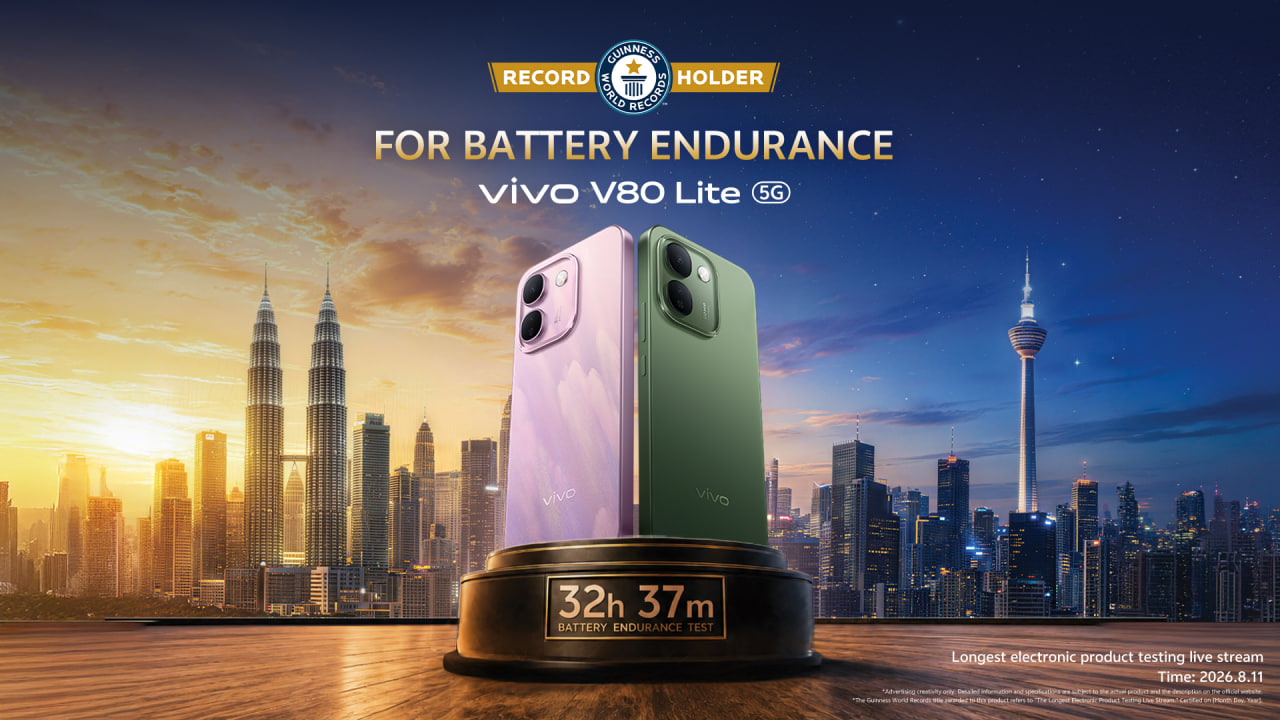 Poster promosi rasmi telefon pintar vivo V80 Lite 5G yang memaparkan pencapaian rekod ujian ketahanan bateri selama 32 jam 37 minit