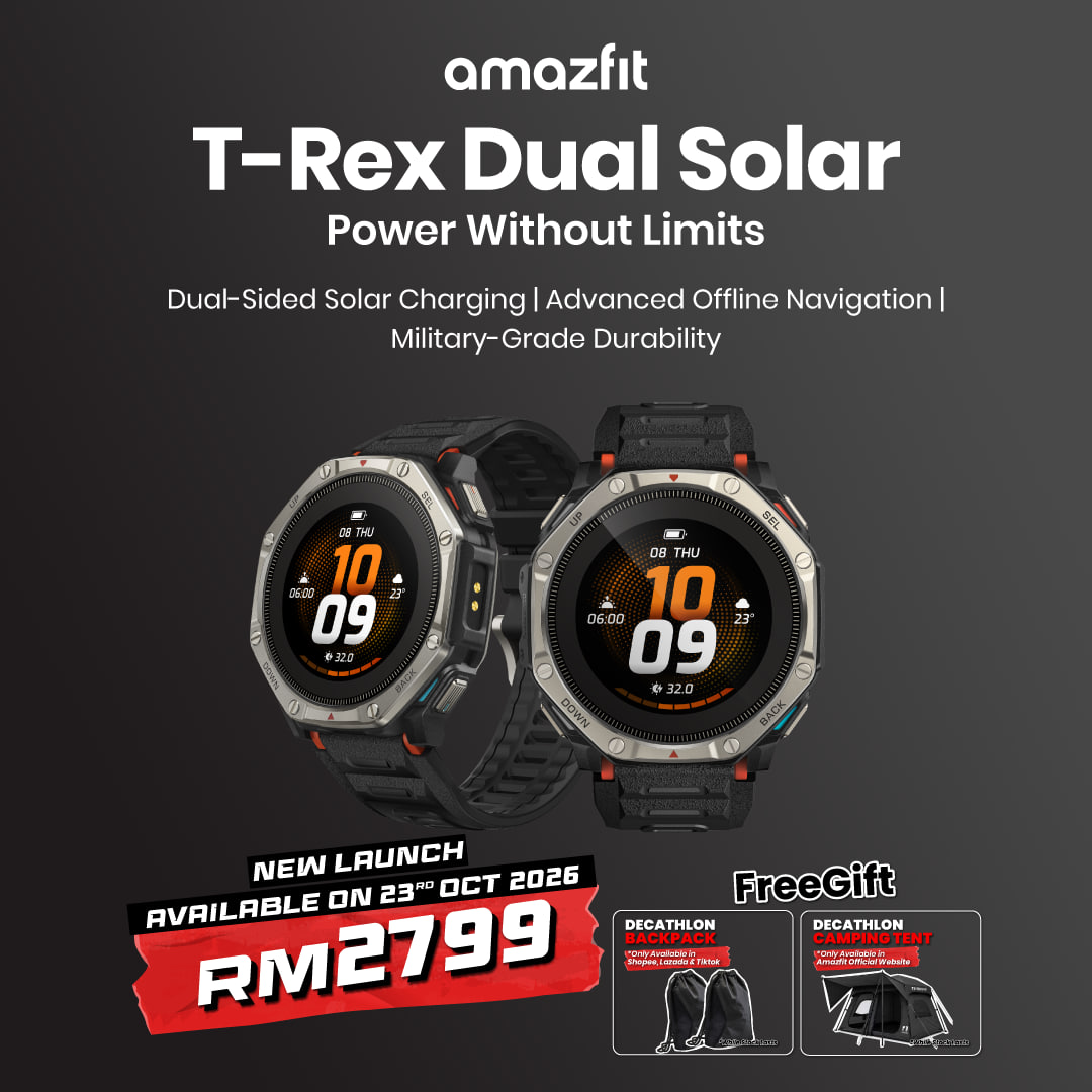 Poster promosi rasmi jam tangan pintar Amazfit T-Rex Dual Solar yang memaparkan harga dan tawaran hadiah percuma