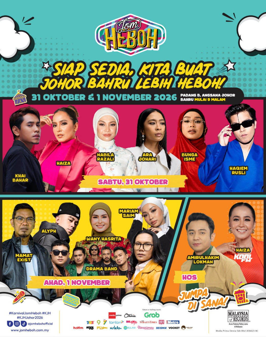 Poster promosi rasmi Konsert Karnival Jom Heboh 2026 di Johor Bahru yang membariskan artis popular tempatan