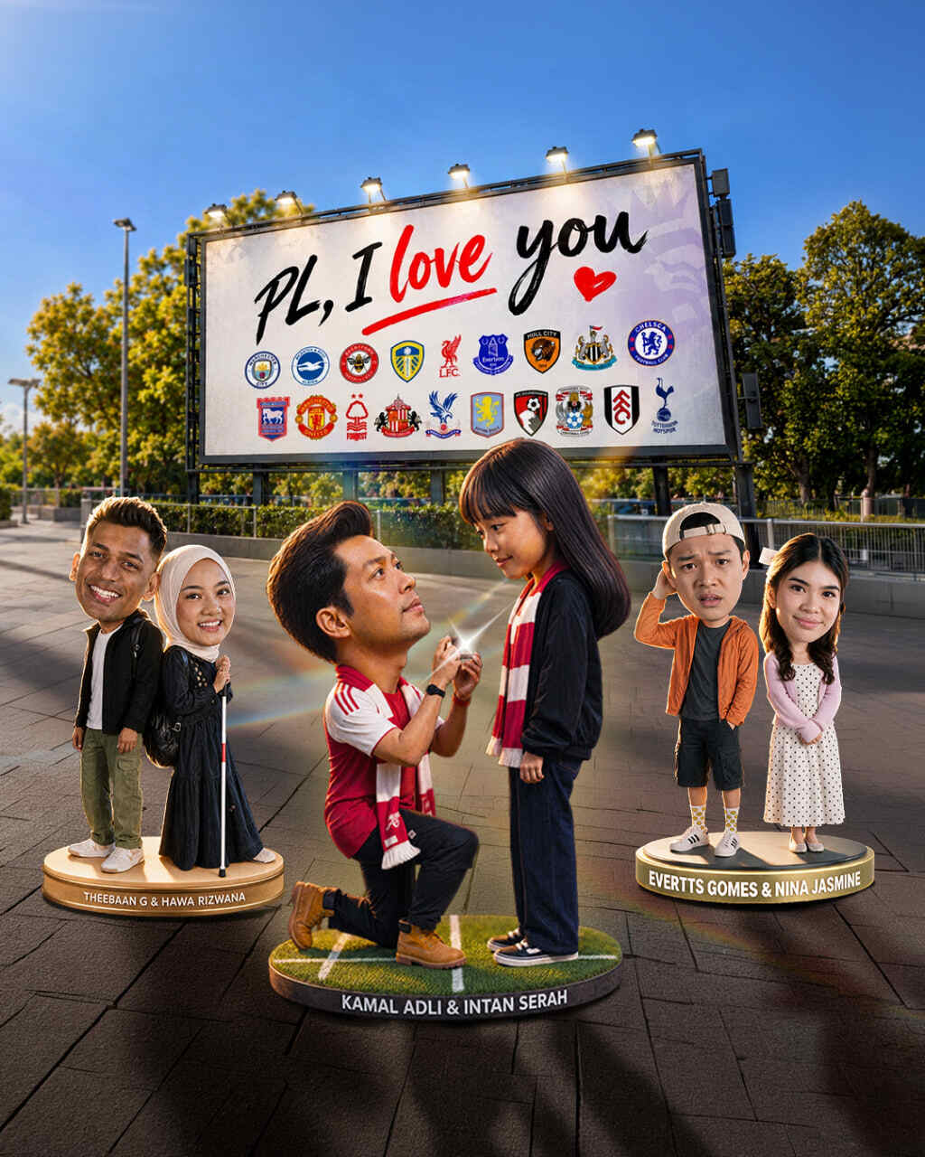 Poster drama PL I Love You memaparkan patung karikatur Kamal Adli melamar Intan Serah berlatar papan tanda logo kelab EPL