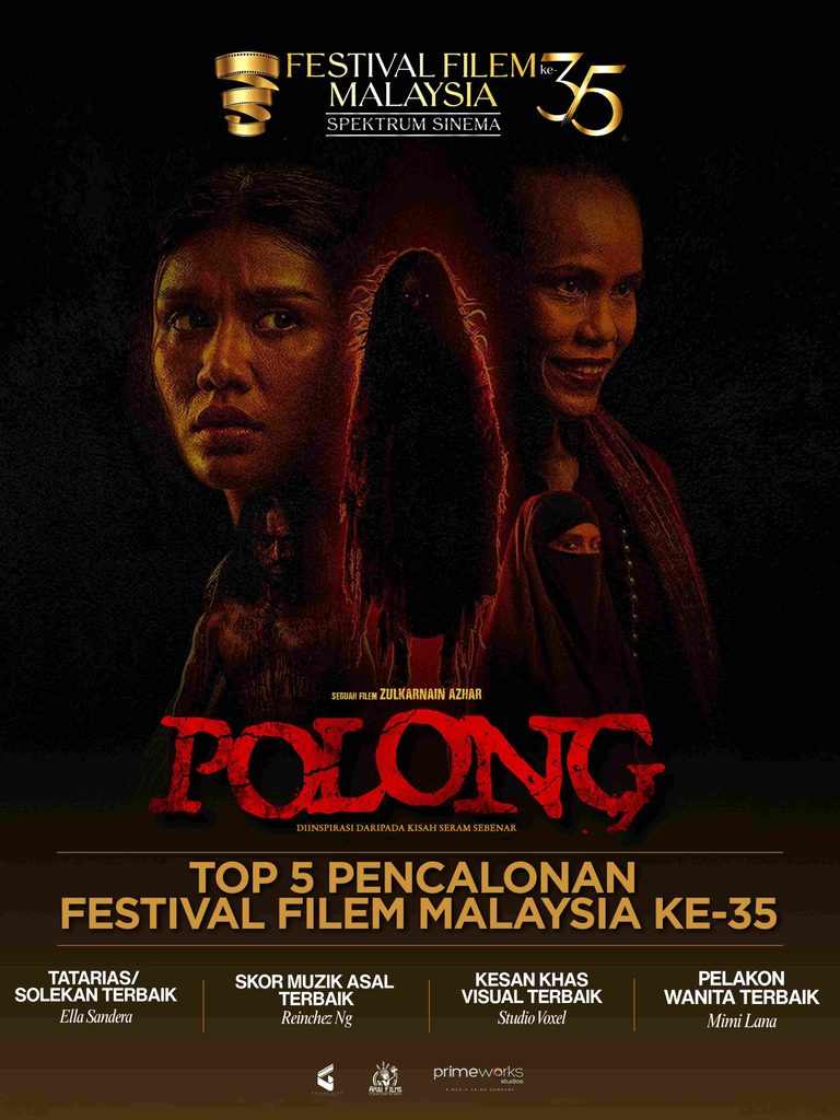 Poster rasmi filem Polong memaparkan empat kategori Top 5 FFM 35 termasuk Pelakon Wanita Terbaik Mimi Lana