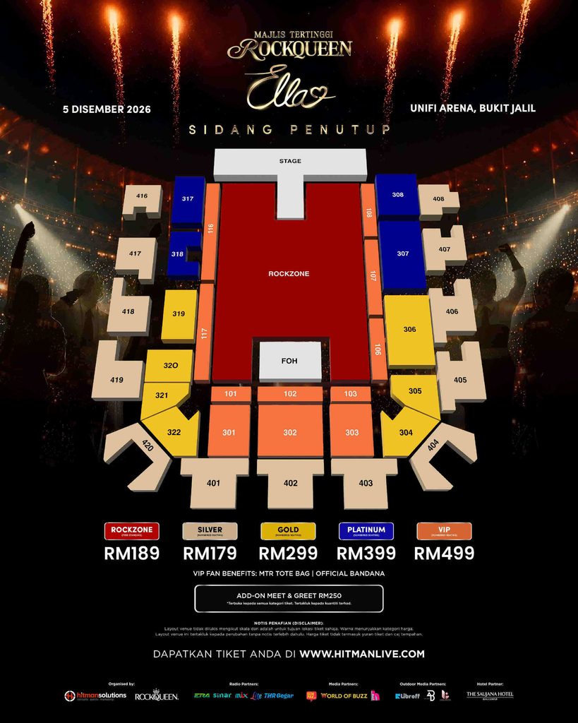 Pelan tempat duduk dan harga tiket rasmi bagi Konsert Sidang Penutup Ella di Unifi Arena