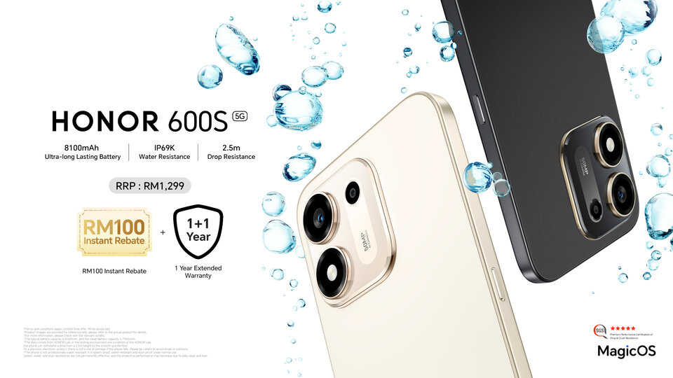 HONOR 600S 5G smartphone banner highlighting IP69K rating and 8100mAh battery