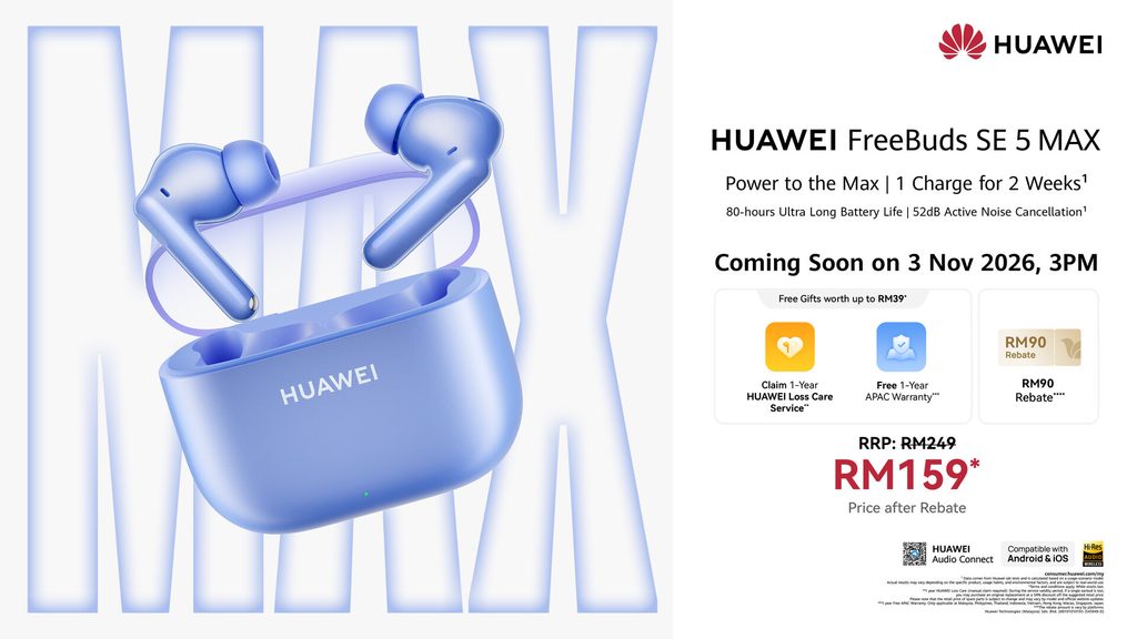 Official promotional poster for the HUAWEI FreeBuds SE 5 Max detailing its RM159 launch price starting November 3, 2026.