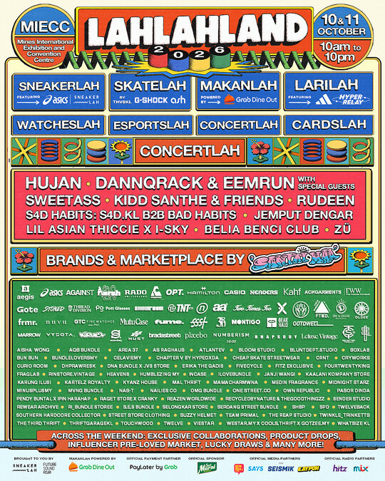 Poster rasmi festival gaya hidup LahLahLand 2026 memaparkan senarai zon aktiviti, artis Concertlah dan jenama tempatan di MIECC