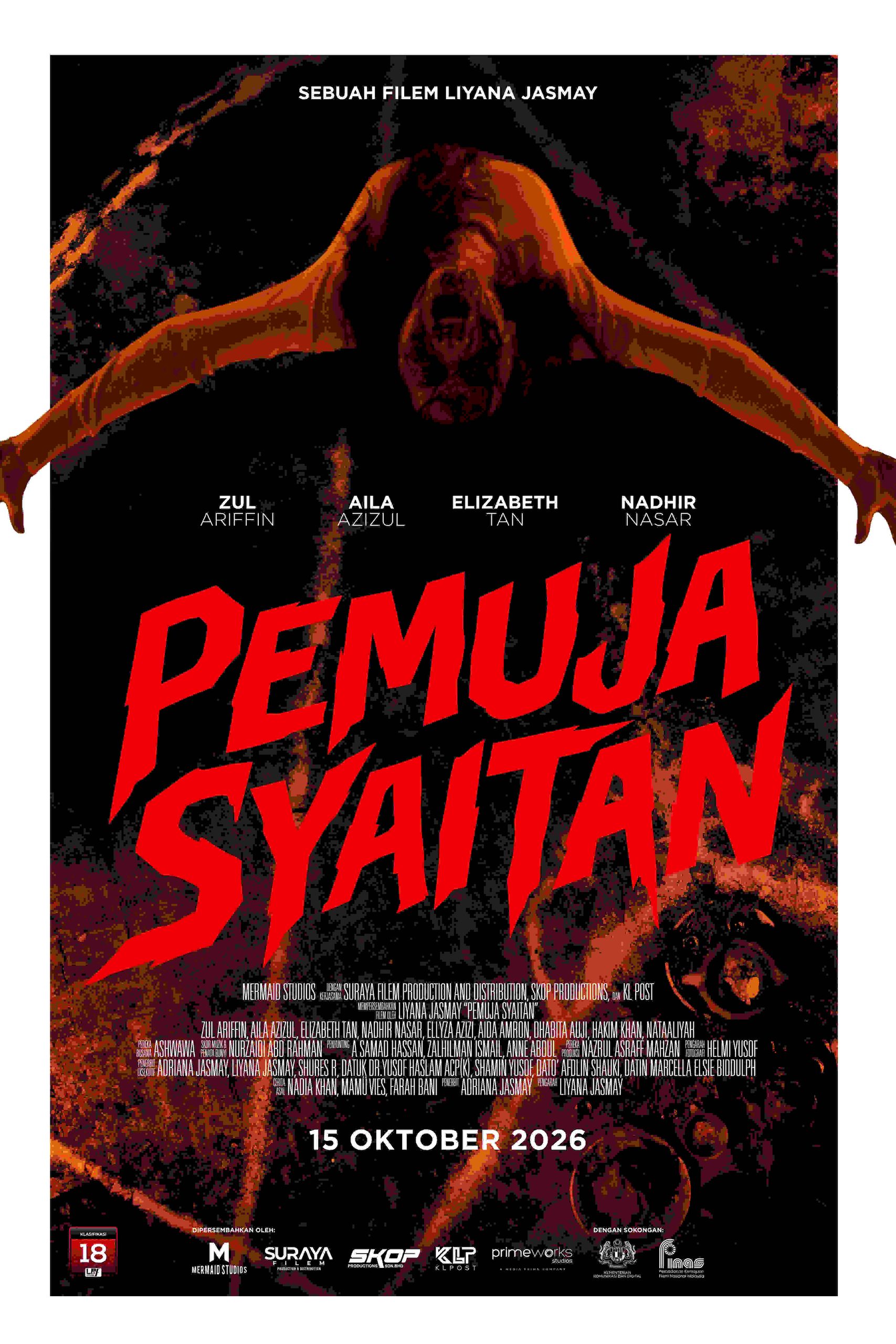 Poster rasmi filem seram Pemuja Syaitan arahan Liyana Jasmay memaparkan susuk tubuh manusia melengkung berlatar merah gelap